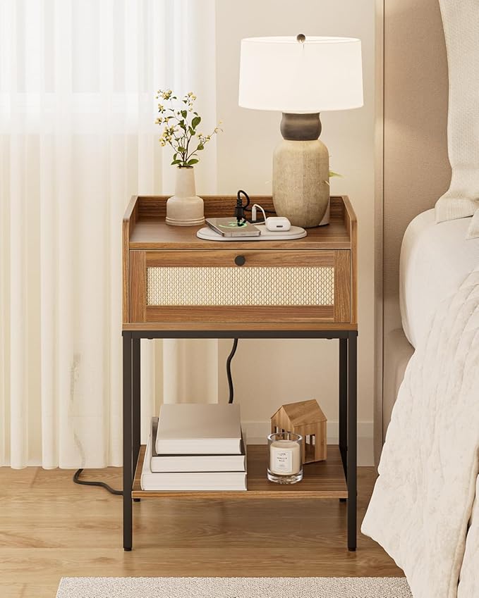 Nightstand with Charging Station,3-Tier Bedside Table for Small Space,Modern Night Stand with Storage Drawer and Shelf,Small Side Table for Bedroom,Living Room,Walnut Brown