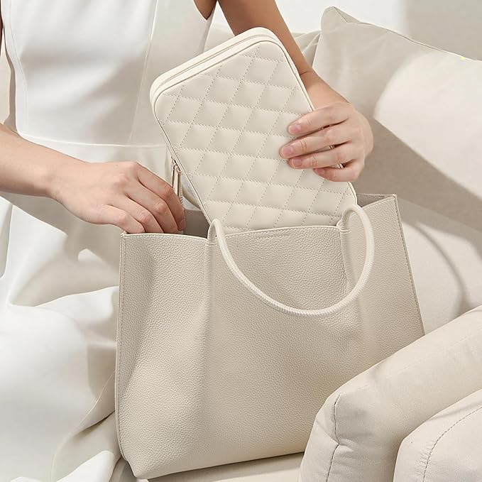 Lolalet Travel Jewelry Case for Women, Travel Jewelry Organizer Box with Mirror & Clear Storage Bag, Small Portable Traveling Earring Necklace Bracelet Ring Case, Bridesmaid Gifts -Medium, White