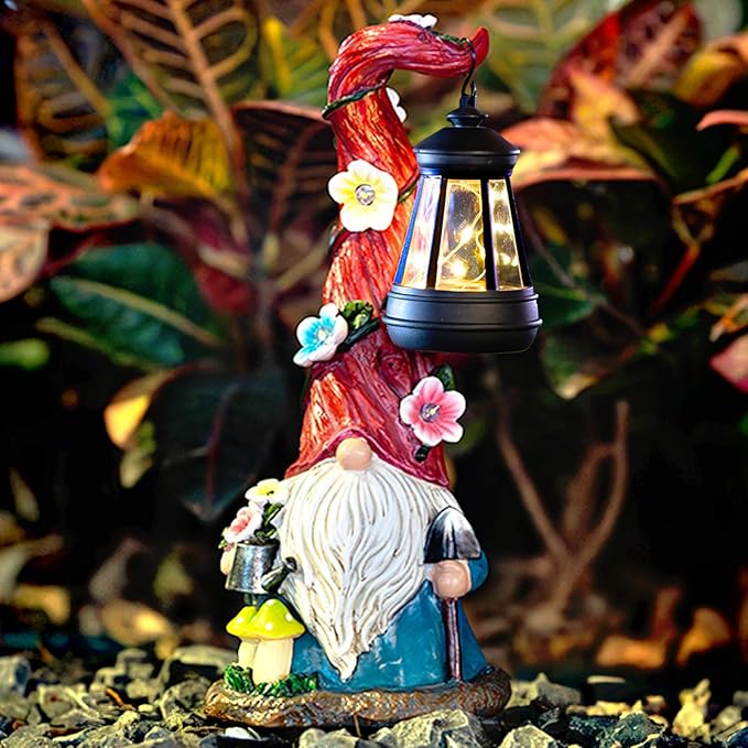 Solar Gnome Garden Statue Lights Gnome Figurine with Solar Lantern, Outdoor Garden Waterproof Ornaments Decorations for Yard Lawn Patio – Ideal Gift for Women Mom Grandma