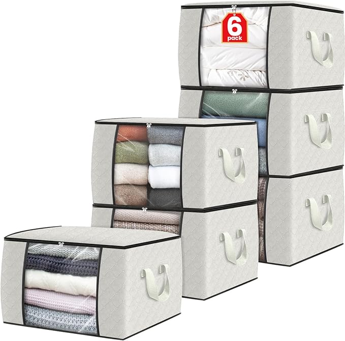 Fab totes 6 Pack Clothes Storage, Foldable Thick Fabric Blanket Storage Bags, Containers for Organizing Bedroom, Closet, Clothing, Comforter,Organization with Handle,Ivory White