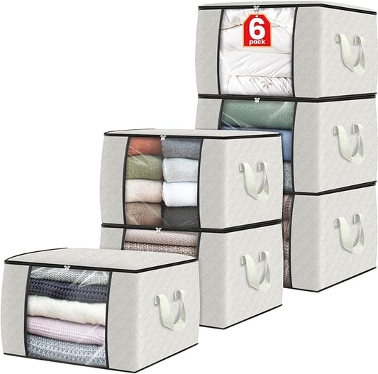Fab totes 6 Pack Clothes Storage, Foldable Thick Fabric Blanket Storage Bags, Containers for Organizing Bedroom, Closet, Clothing, Comforter,Organization with Handle,Ivory White