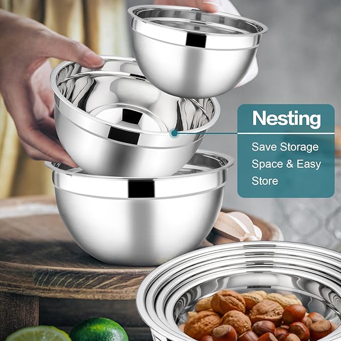 E-far Stainless Steel Mixing Bowls with Lids, 7-Piece Metal Nesting Bowls with Blue Airtight Lids for Saving Storage Space, Size 7, 4.6, 3, 2, 1.5, 1, 0.7QT, Great for Baking/Cooking/Prepping