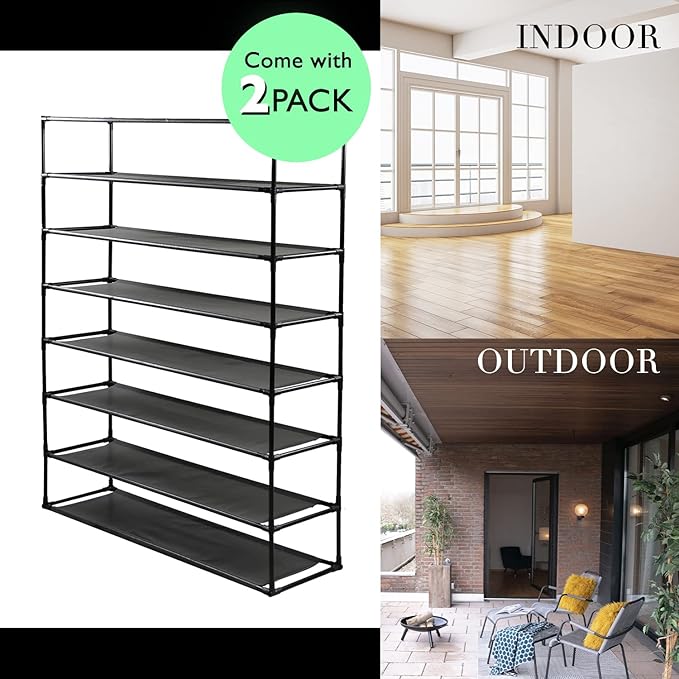 TY ARTS & CULTURE 2 Pack 8-Tiers Shoe Rack Organizer, Sturdy Metal Pipes & Durable Non-Woven Fabric, Space Saving Tall Shoe Shelf Hold 64-80 Pairs, Shoe Rack for Entryway (Black)