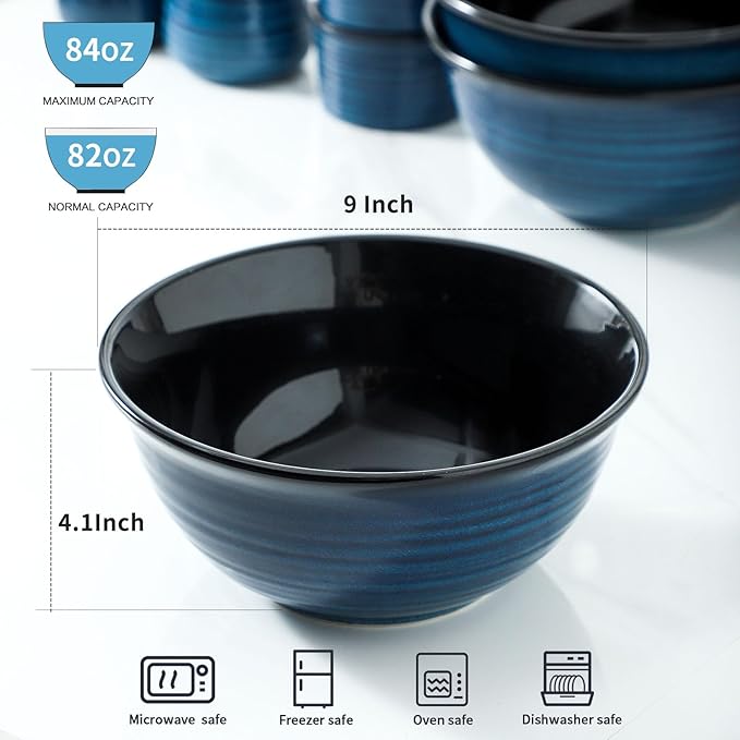 MEKY Ceramic Mixing Bowls Set of 2, 84OZ Large Nesting Salad Bowls - Perfect for Cooking, Baking, Soup, Pasta, Fruit and Popcorn, Deep Bowls Ideal for Microwave and Dishwasher Safe (Blue)
