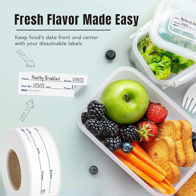 MESS Dissolvable Food Labels, Fill-in, 1x3 200/Roll - Dissolves in 30 Seconds or Less - Removable Pantry, Meal Prep & Food Storage Labels – Canning & Freezer Use