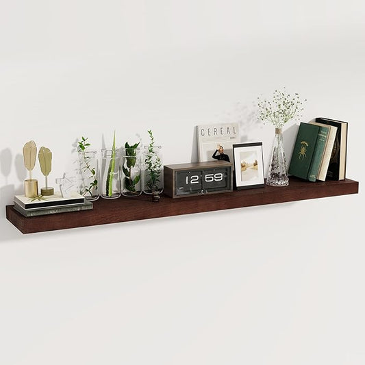 fuqing 55 Inch Wide x 9.3 Inch Deep Natural Wood Floating Shelves - Set of 1 - Country Rustic Style - Wall Mounted - Extra Deep and Thick - 15 lbs Capacity