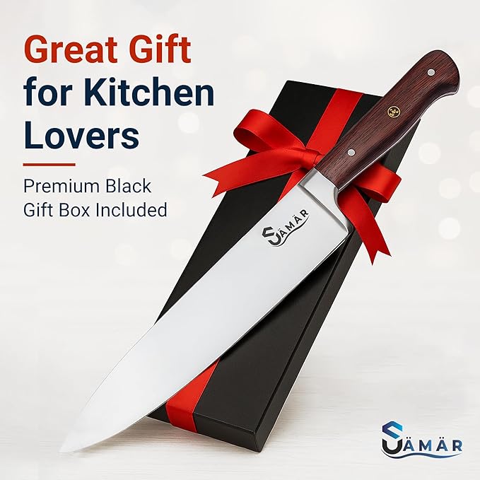 Chef Knife 8 Inch – Professional Stainless Steel Chef’s Knife with African Wood Wenge Handle & Mosaic Pin – Cuchillo de Cocina Profesional – Sharp Kitchen tool for Meat & Vegetables