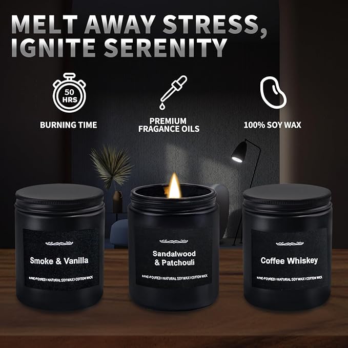 Scented Candle Set, Men Candle Set, Scented Candles for Home, Gifts for Men, 3 Pack Manly Candles Gifts for Mens Scents of Smoke & Vanilla/Sandalwood & Patchouli/Coffee Whiskey
