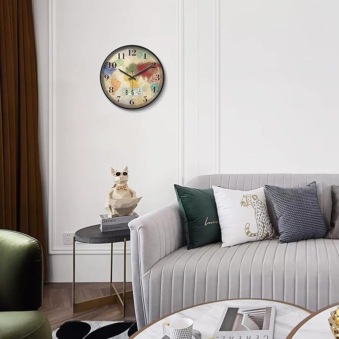 Modern Round Retro Digital and Analog Wall Clock Silent Calendar Colorful World Map Vintage Clocks with Date and Temperature Week Quiet Non-Ticking Kid Room Office Kitchen Decor for Bedroom 12 Inch