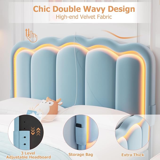 Full Upholstered LED Bed Frame with 2 Storage Drawers and Adjustable Chic Double Wavy Headboard, Velvet Princess Platform Bed with Charing Station, Solid Wood Slats Support,No Box Spring Needed,Blue