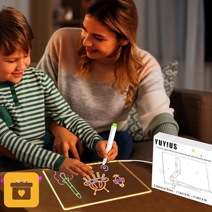 LED Acrylic Message Board, Light Up Acrylic Dry Erase Board with 7-Color Light, LED Note Board with Colors for Kids, Glow Memo Message Writing Board with Light, Drawing Stencils Set Included