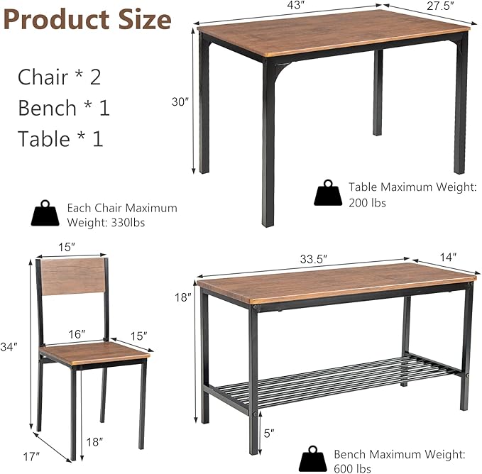 Tangkula Dining Table Set for 4, Kitchen Table and 2 Chairs for 4 with Bench, 4 Piece Dining Table Set for Small Space, Apartment
