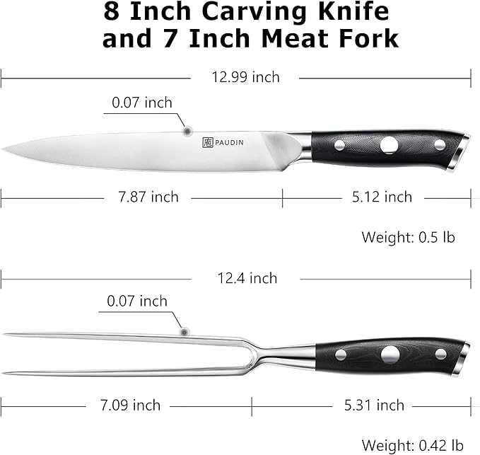 PAUDIN Carving Knife Set - 8" German Steel Turkey Carving Knife and Fork Set With Ergonomic Handle, Full Tang For Meat, Brisket