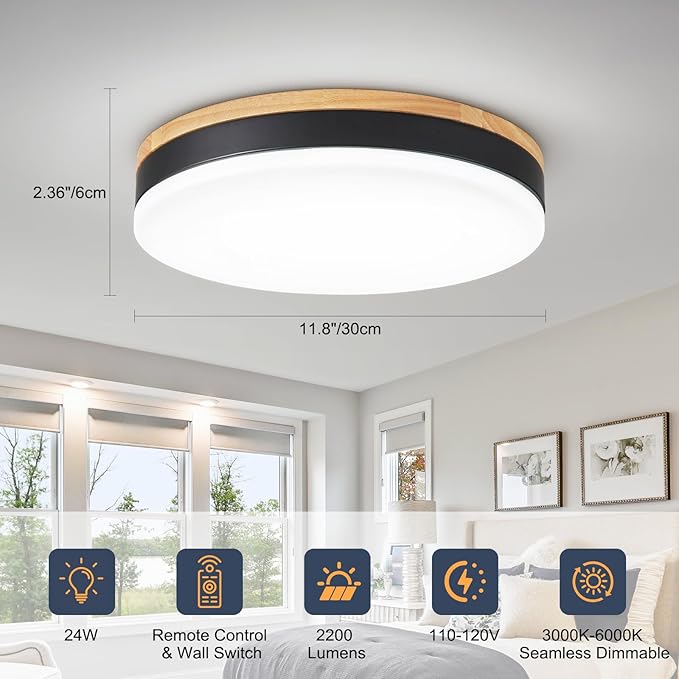 Modern Wood Led Ceiling Lights with Remote, Dimmable 11.8in Black Flush Mount Ceiling Light, 24W 3000K-6000K Light Color Adjustable, 2200LM Round Ceiling Lamp for Bedroom, Kitchen, Hallway