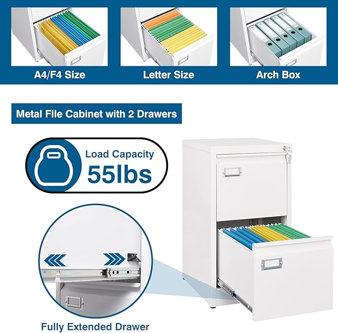 2-Drawer File Cabinet, 16.3" Deep Vertical Filing Cabinet with Lock, Metal File Cabinet for Home Office, Anti-Tip 2 Storage Drawers for Letter/Legal/A4/F4 Size (Assemble Required, White)