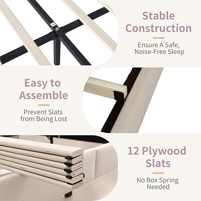 King Size Upholstered Platform Bed Frame with Modern Wingback & Vertical Panel Headboard, Linen Fabric, Wooden Legs & Slats Support, No Box Spring Needed, Noise-Free & Easy Assembly, Beige