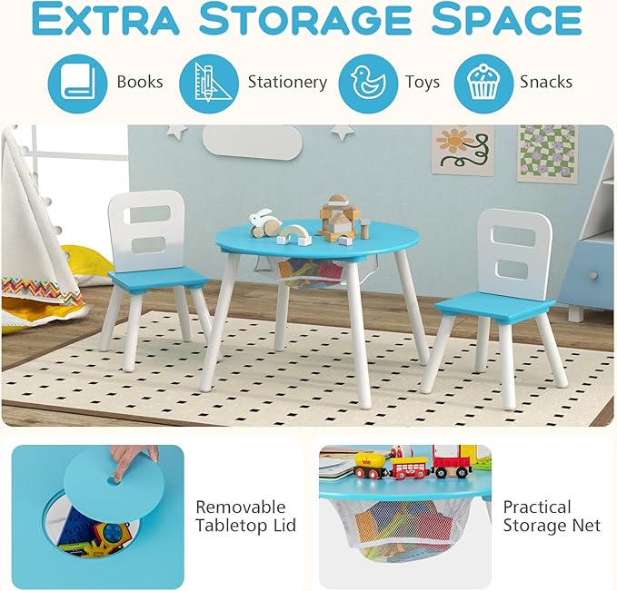 Costzon Kids Table and Chair Set, Wood Activity Table w/Center Mesh Storage, Children Furniture Gift for Boys & Girls, Ideal for Arts, Crafts, Snack Time, Homework, Toddler Table and Chair Set, Blue