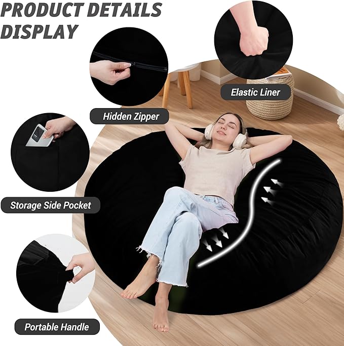 7FT Bean Bag Chair with Ultra Soft Velvet Cover Bean Bag Sofa with Memory Foam Bean Bag Chairs with Large Size Lazy Sofa for Dorm Office Living Room Bedroom Black 7'
