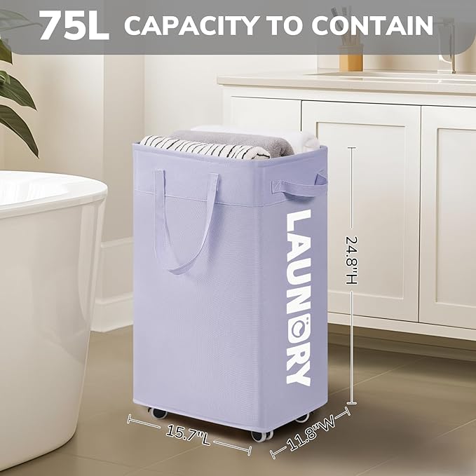 Goodpick Laundry Basket with Wheels,75L Collapsible Laundry Baskets with Removable Wash Bag, Clothes Laundry Hamper on Wheels, Light Purple