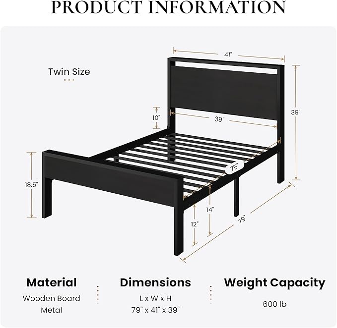 SHA CERLIN 14 Inch Twin Size Metal Platform Bed Frame with Wooden Headboard and Footboard, Mattress Foundation, No Box Spring Needed, Large Under Bed Storage, Heavy Duty Slats Support, Black Oak
