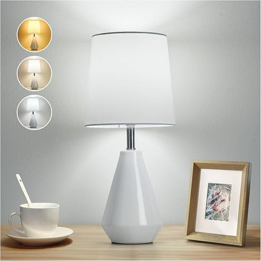 Small Bedside Table Lamp for Bedroom - Reading Desk Lamp with 3 Color Temperatures，15.5" Nightstand Ceramic Lamp with Fabric Shade for Kids Room,Living Room,Dorm,Home Office (White)