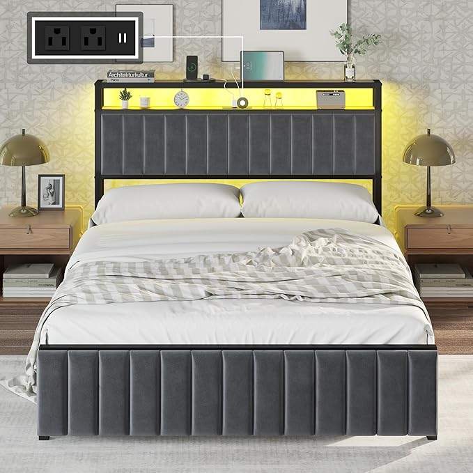 Full Bed Frame with LED Light and Charging Station, Velvet Upholstered Headboard with Storage Shelf, Heavy Duty Metal Slats/No Box Spring Needed/Easy Assembly, Grey