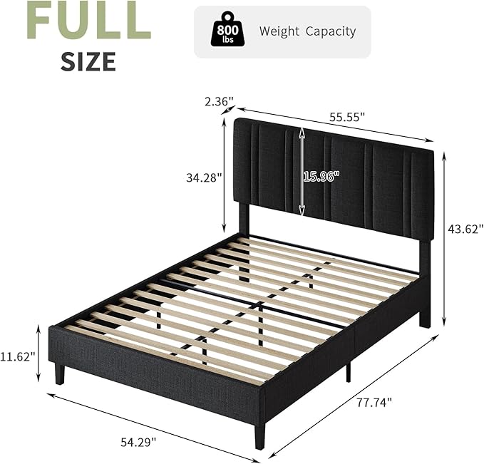 Full Bed Frame with Tufted Headboard, Upholstered Platform Bed with Adjustable Headboard, Fabric Bed Frame with Wooden Slats Support, No Box Spring Required, Easy Assembly, Black