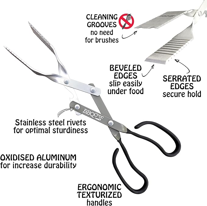 BBQ Croc 3 in 1 Barbecue Tool 15-inch - Extra Light Tongs, Spatula and Grill Scraper (Green)