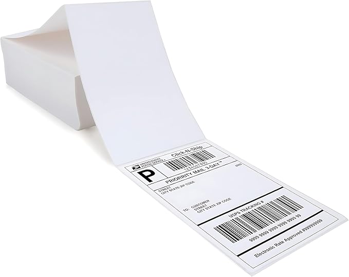 Fanfold [4 x 6 inch] x [1000 Labels] Thermal Stack Direct White Strong Adhesive Perforated Postage Shipping Printer Compatible with Zebra SNBC Epson Rollo (1000 Labels, Fanfold)