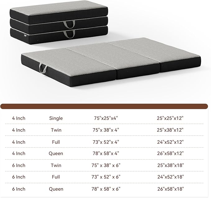 Memory Foam Trifold Mattress - Queen Portable Floor Bed 6 Inch, Foldable Mat with Washable Cover, Handle & Non-Slip Bottom, for RV, Travel, Camping, Yoga, 78"x58"x6"