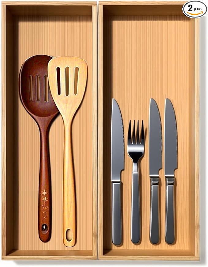 Bamboo Drawer Silverware Organizer, Silverware Tray, Flatware Organizer, Bamboo Storage Box Suitable for Office, Bathroom and other objects storage (14.2"x5"x2"-Set of 2)