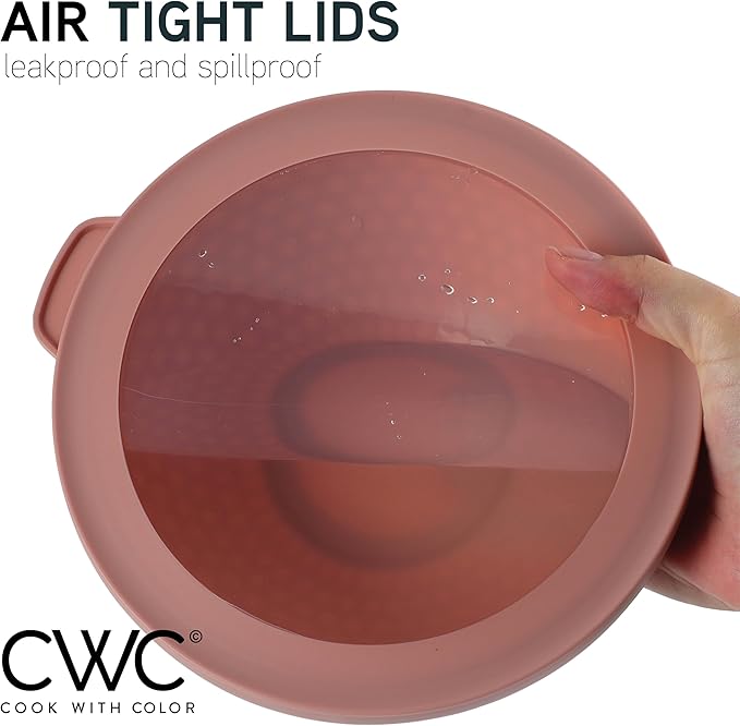 COOK WITH COLOR Mixing Bowls with Lids - 12 Piece Plastic Nesting Bowls Set includes 6 Prep Bowls and 6 Lids, Non Slip Bottom and Embossed Design - Microwave Safe (Pink)