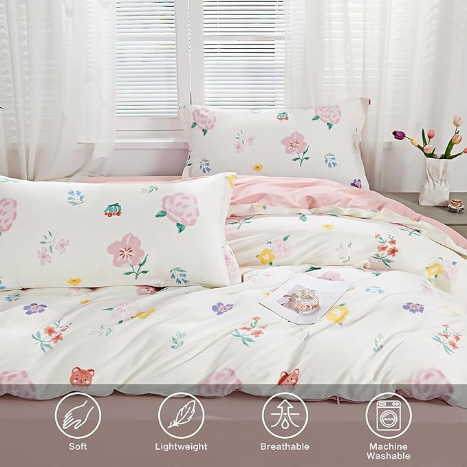 SAPHREAS Pink Floral Duvet Cover Set King Size Colorful Flowers White Bedding Comforter Cover Set 100% Cotton 1 Duvet Cover 104"x90" 2 Pillow Shams, Comforter Not Included