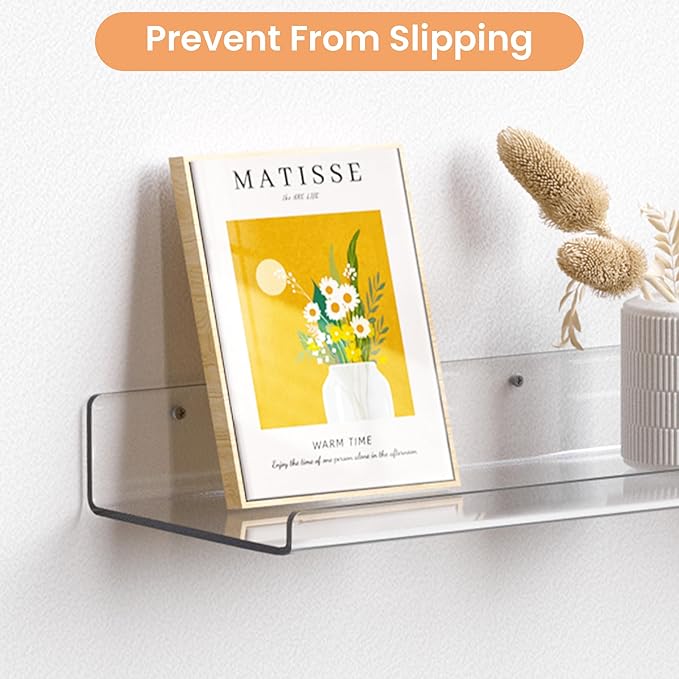 upsimples 2 Pack 35.5x5.5 Inches Acrylic Shelves for Wall Storage, Floating Bookshelves for Kids, Display Shelf Organizer for Bathroom, Bedroom, Living Room, Kitchen, Clear