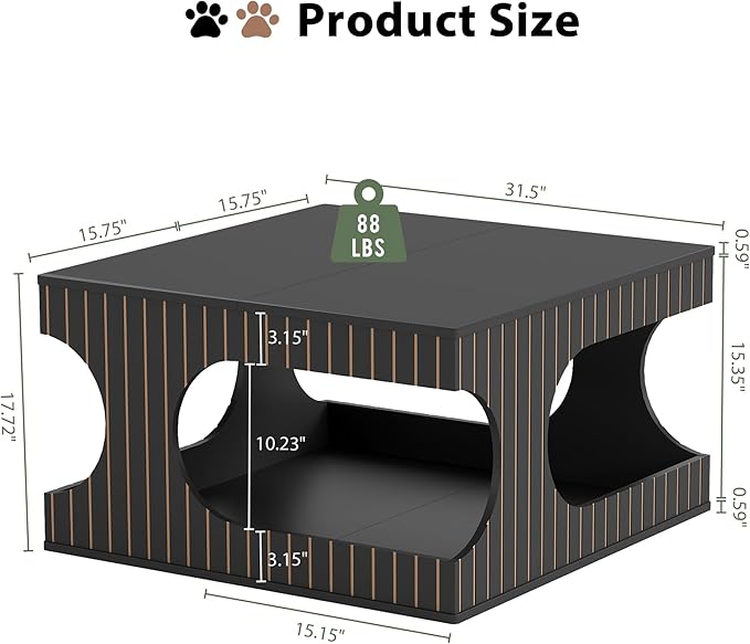 31.5" Square Coffee Table with Storage, Mid-Century Modern Center Table with Arched Cutouts and Carved Lines, 2-Tier Tea Table for Living Room, Cat-Friendly Base (Black)