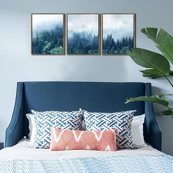 Arjun Forest Wall Art Misty Tree Indigo Blue Landscape Canvas Painting Mountain Pine Tree Nature Birds Pictures Scenery Framed for Living Room Bedroom Bathroom Home Office Wall Decor, 12"x16"x3 Panels