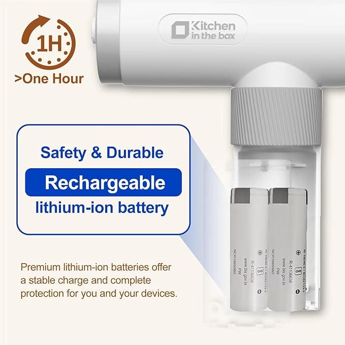 Kitchen in the box Cordless Rechargeable Hand Mixer for Kitchen, Portable Handheld Electric Mixer with Beaters, Whisks, 6-Speed Digital Display, Charging Base and USB-C Charge Cable (Pearl White)