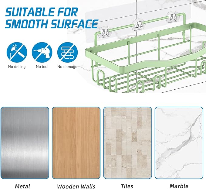 Adhesive Shower Caddy, No Drilling Bath Organizers 5 Pack, Rustproof Shelves with Soap Holder & Toothbrush Holder, Bathroom Organizers and Storage, Green
