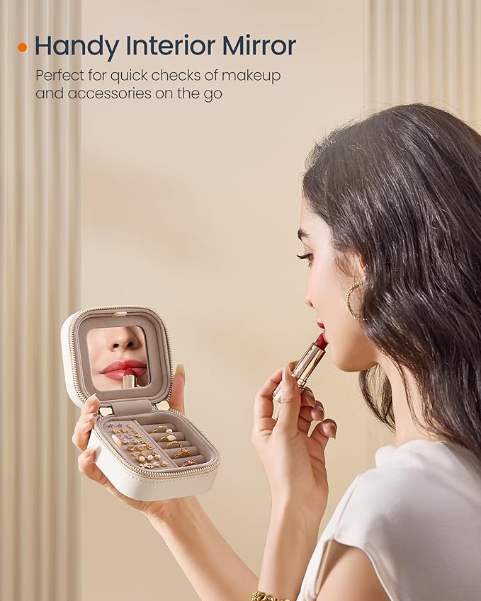 SONGMICS HOME Travel Jewelry Case, Small Jewelry Box Organizer with Mirror, 4.1 x 4.1 x 2.4 Inches, PU Surface with Stitching, Portable, Cloud White, ANAH Collection UJBC179W01