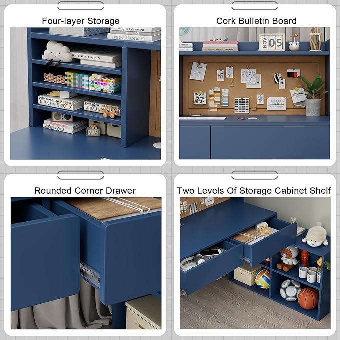 Blue Wooden Kids Desk and Chair Set,RUPOLX Kids Study Table and Chair Set with 2 Drawers & 4 Cabinets, Kids Study Desk with Removable Large Storage Cabinet,Girls Study Desks for Kid for Bedroom-NTU9XC