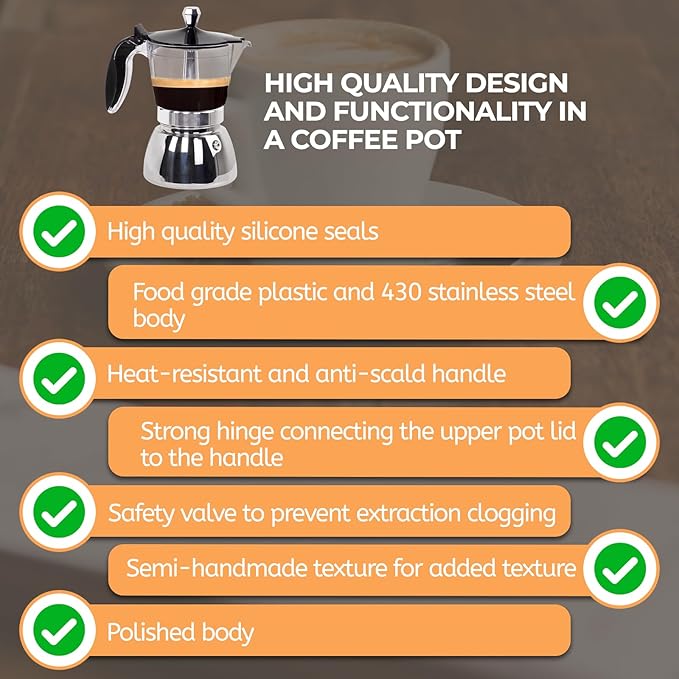 Clear Plastic Moka Pot 4 Cup 200ml Stainless Steel Coffee Maker Uncoated Stovetop Espresso Coffeemaker Italian Classic Style Brewing Greca Cafe Mocha Machine for Cafeteras Camping Travel Home Use