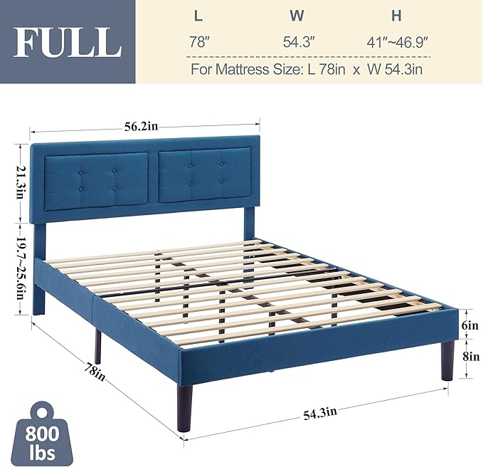 VECELO Full Size Bed Frame with Adjustable Headboard, Upholstered Button Tufted Platform Bedframe with Wood Slats Support, No Box Spring Needed, Aegean Blue