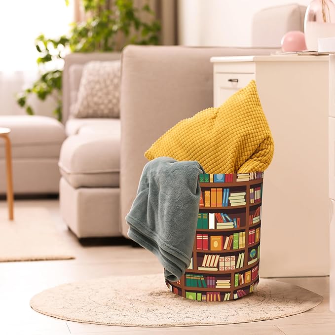 Library Book Shelf Pattern Laundry Basket,Waterproof Foldable Laundry Hamper,Dirty Clothes Laundry Basket, Linen Bin Storage Organizer for Toy Collection 16" x 20"