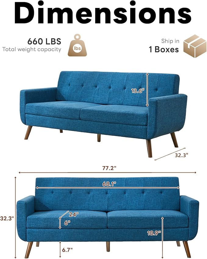 Tbfit 77.2" W Linen Sofa Couch, Mid Century Modern Decor Loveseat Couches for Living Room, Button Tufted Upholstered Small Couch for Bedroom, Solid, and Easy to Install Love Seats Furniture, Blue