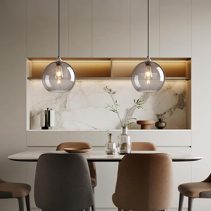 Light Grey Glass Pendant Lights Kitchen Island Globe Pendant Light Fixtures Modern Pendant Lighting for Bedroom Living Dining Room Light Fixture (9.84 in, 1 Pack)