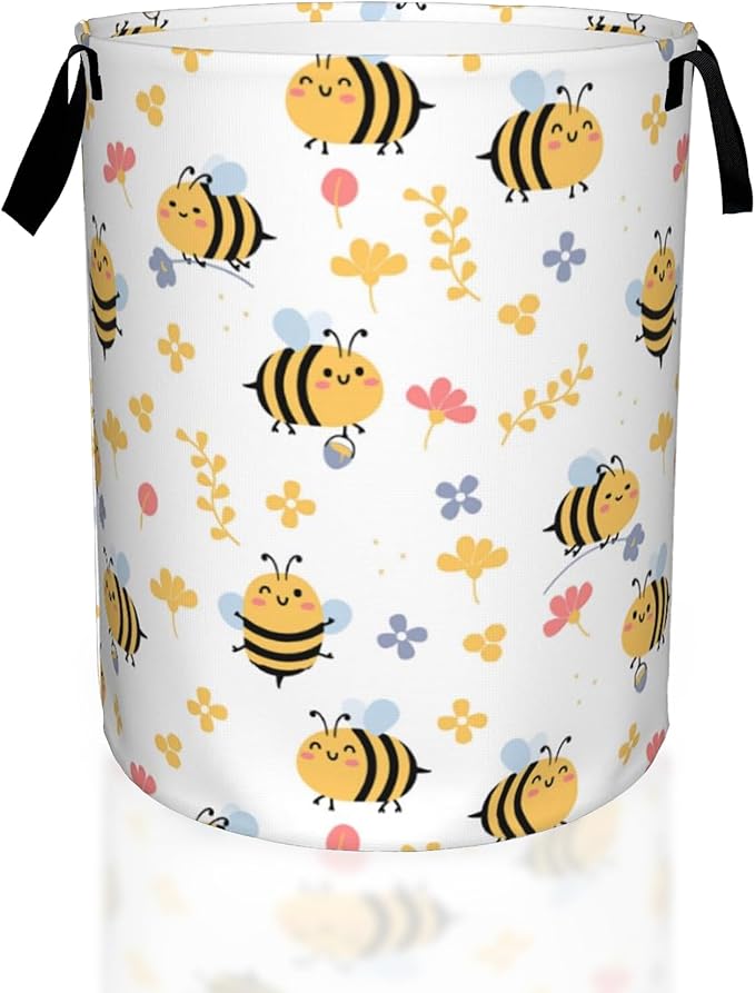 Flying Bees and Flower Laundry Basket,Waterproof Foldable Laundry Hamper,Dirty Clothes Laundry Basket, Linen Bin Storage Organizer for Toy Collection 16" x 20"