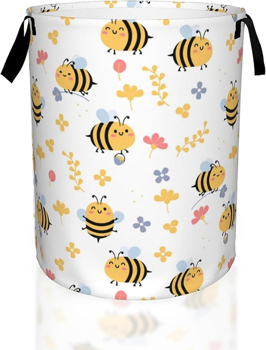 Flying Bees and Flower Laundry Basket,Waterproof Foldable Laundry Hamper,Dirty Clothes Laundry Basket, Linen Bin Storage Organizer for Toy Collection 16" x 20"