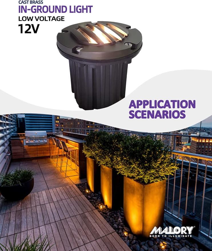 MALORY Brass Top Cover Landscape Well Lights,(5''H) 12V Low Voltage Outdoor In Ground Lights,Landscape Lighting for Pathway, Driveway and Garden 10 Pack with MR16 Bulb (Grated Top, 10-Pack with Bulb)