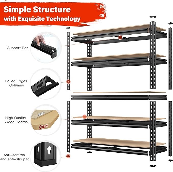 REIBII 72" H Garage Shelving Heavy Duty Shelves for Storage 2000LBS Garage Storage Shelves Adjustable 5 Tier Metal Storage Shelving Unit for Craft Warehouse Pantry Basement 72''*35.5''*11.8'' 4 Pack