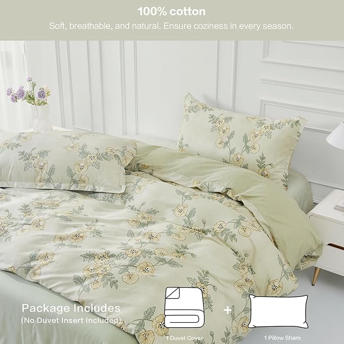 SAPHREAS Green Leaf Twin Duvet Cover Set 2pcs Tropical Botanical Yellow Flower Bedding Comforter Cover Set 100% Cotton 1 Duvet Cover 1 Pillow Sham, Comforter Not Included
